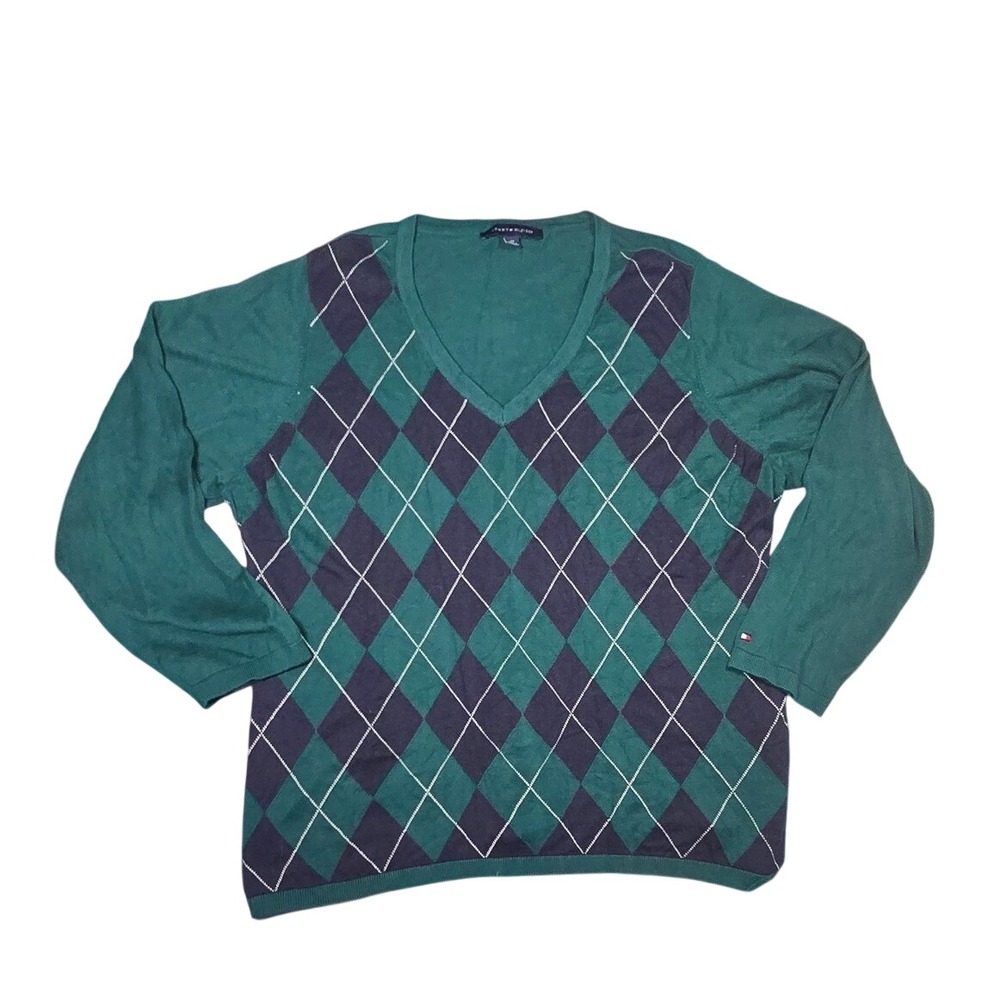 Tommy Hilfiger Mens 2X Green Argyle V-Neck Cotton Pullover Sweater W2XSH417